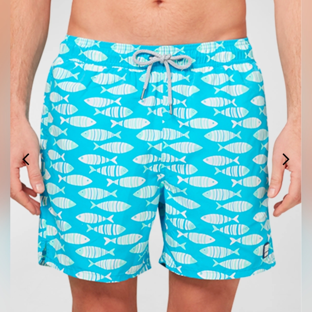 Tom & Teddy Fish Print Swim Trunk Elastic Waist And Drawstring UPF 50+ Sz L